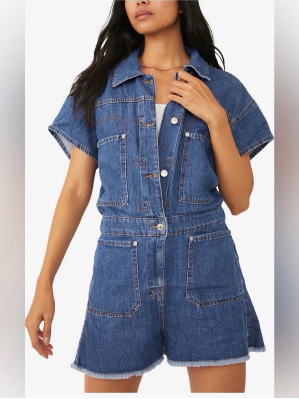 Free People Work Hard Play Harder Fray Hem Denim Romper
